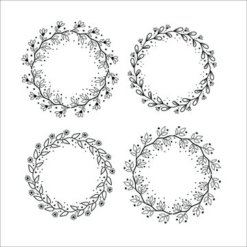 Set of floral round frames on a white background. Vector illustration.