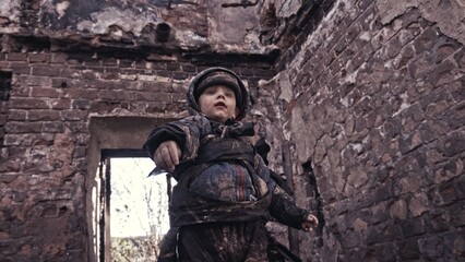 Fototapeta na wymiar Boy without a home, apocalypse, war