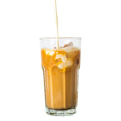 Iced coffee  cream poured into cup isolated  white background