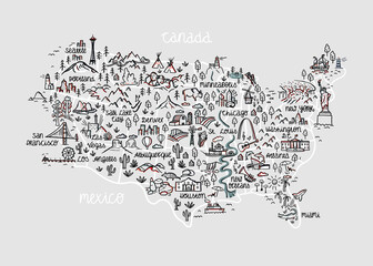 Fototapeta premium Cute hand drawn map of the USA, landmarks, national parks, cities, landscapes, great for banners, wallpapers, prints, postcards - vector design