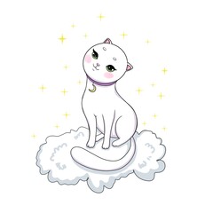 A small white kitten sits on a cloud. Cute baby print on a white background. You can use it as a sticker, poster or print for baby clothes. Design element. Children's print.