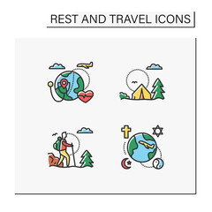 Fototapeta premium Types of rest and tourism color icons set. Health and religious tourism, trekking and camping. Adventures, recreation and pleasure. Tourism types concept. Isolated vector illustrations