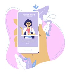 Online medicine concept with doctor and smartphone app.