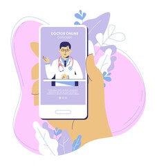 Online medicine concept with doctor and smartphone app.