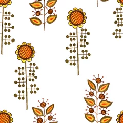 Abwaschbare Fototapete Seamless floral pattern on a white background. Stylized drawing of sunflowers and thistle with pencils. © Irina
