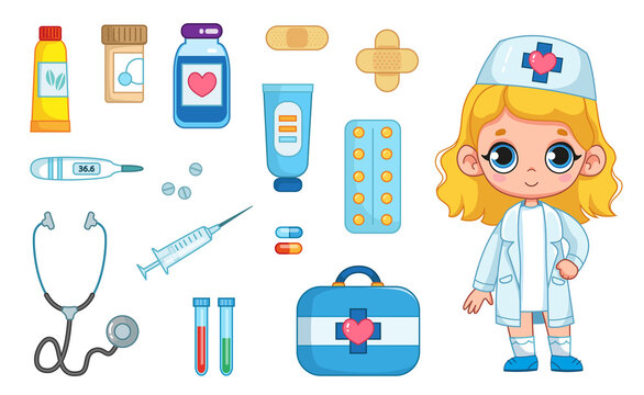 Doctor's medical items set, cute girl in nurse costume, medicines, stethoscope, pills, thermometer, ointment. Vector illustration in cartoon childish style. Isolated funny clipart isolate