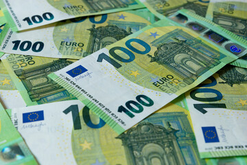 Banknotes of 100 hundred Euros. European currency.