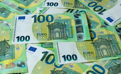 Banknotes of 100 hundred Euros. European currency.