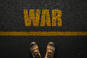 Man Before the Choice Line War. Beginning of action and strategy. World War. Man's boots on the...