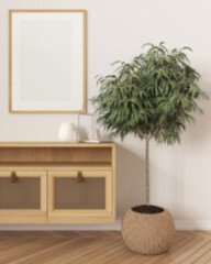 Blur background, wooden frame mockup, close up of modern wooden living room, lounge furniture, rattan commode, potted plant. Herringbone parquet. Scandinavian modern interior design