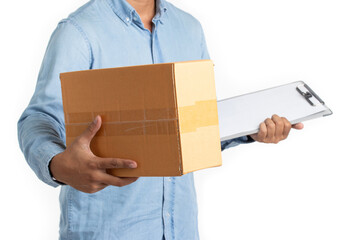 Delivery man in blue shirt holding cardboard boxes and clipboard isolated on white background. Express and delivery concept.