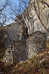The Bastia di Baticler is the ruin of a medieval castle built in a cave on Mount Amolo. Tione, Giudicarie, Trentino, Italy.