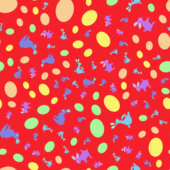 Pattern with Easter eggs and bunnies on a red background.