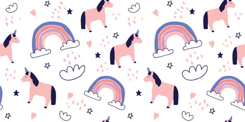 Unicorn, rainbow, stars and hearts seamless pattern hand drawing isolated on white background