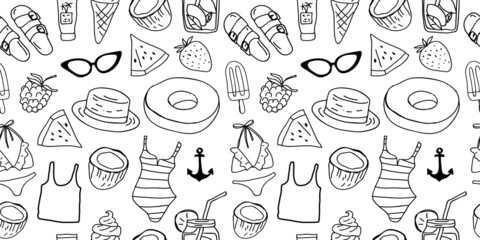 Summer seamless pattern with hand drawn doodles. Good for prints, textile, backgrounds, wallpaper, wrapping paper, packaging, coloring pages, etc.