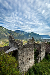 Fototapeta premium The crumbling walls of the Santa Barbara Castle were the home of the mighty Lodron dynasty. Lodrone, Giudicarie, Trento province, Trentino Alto-Adige, Italy, Europe. 