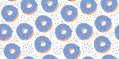 Donut with glaze, polka dots vector seamless pattern on white background. Seamless pattern. Vector illustration