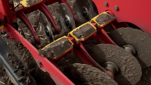 Agriculture Farm Tractor Seeding Machine Field Seeder Village Planter Rural Working Combine Tillage Plowing Agricultural Equipment Season Sowing Grain Process Planting Seeds 