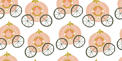 Childish seamless pattern with pink carriage in scandinavian style. Creative vector childish background for fabric, textile