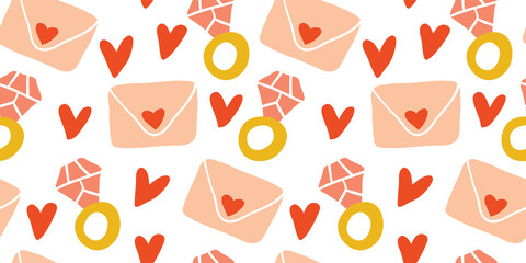 Seamless vector flat hearts pattern. Valentine's day background. Flat design. Endless chaotic texture of romantic elements. Hearts, letter, envelope.