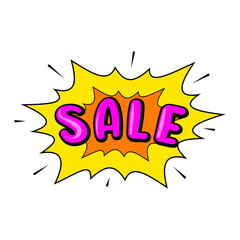 Comics style sale lettering. Discount promotion banner in comic pop art style. Advertising tag with sale lettering and explosion. Isolated on white background. Vector illustration.