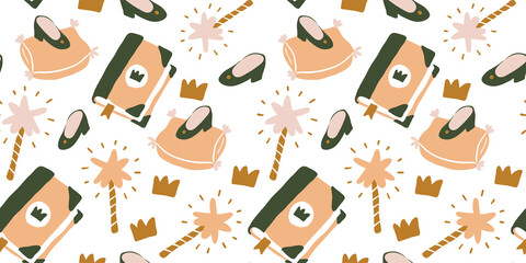 Cinderella seamless pattern. A fairy-tale shoe, magic wand, a crown, a crystal slipper on white background. Inscription. Once upon a time. Stock illustration.