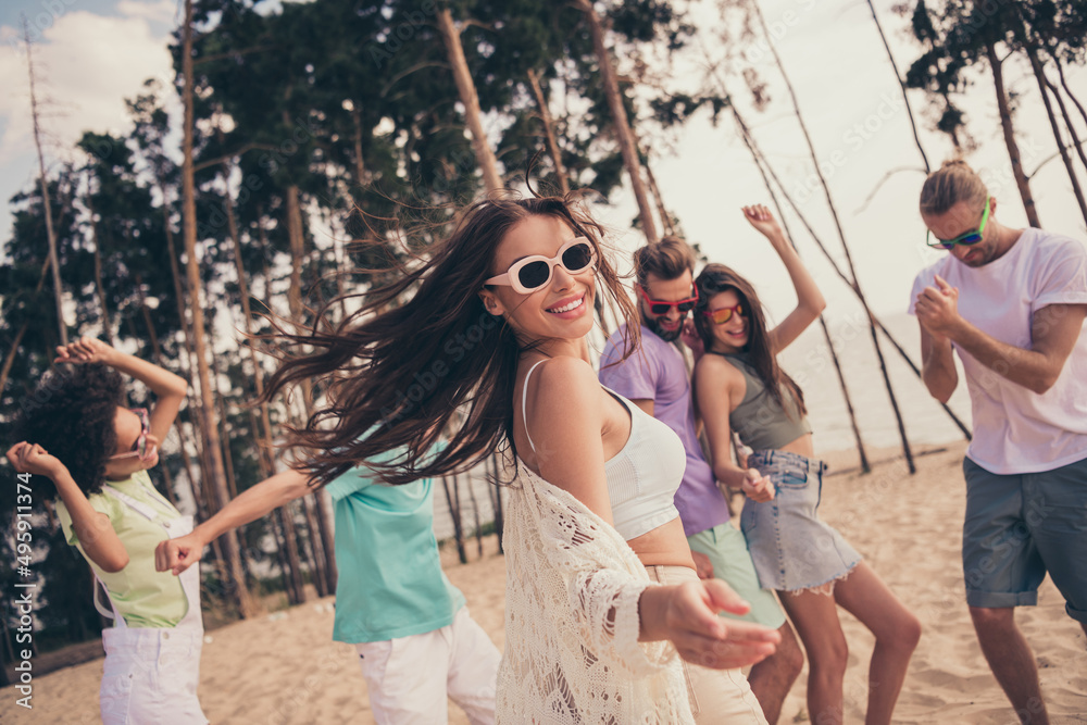 Sticker photo of cheerful young buddies have fun dance nature weekend journey beach party countryside outdoo