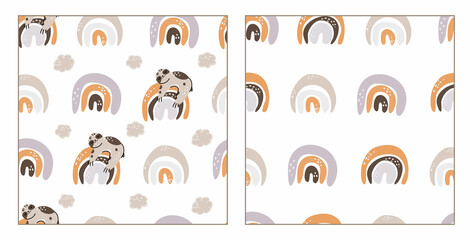 Sloth seamless pattern. Animal nursery abstract boho rainbow, minimalist arch. Nursery and baby room. Cute animal stock modern trendy hand drawn flat illustration isolated on white background. © Valentina