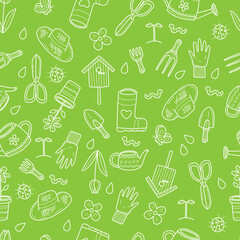 Spring garden doodle seamless pattern. Hand drawn green doodle garden flowers, birdhouse, shovel, pitchfork, pot, beetle, watering can, hat, boots, scissors. Vector illustration.