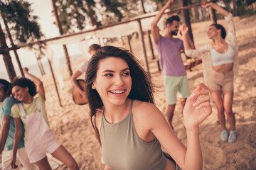 Photo of pretty carefree young six friends wear casual clothes dancing playing guitar smiling outside countryside