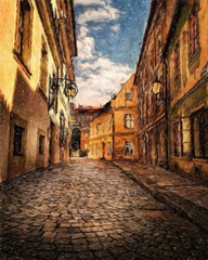 Digital painting modern artistic artwork, Prague Czechia, drawing in oil European famous old street view, beautiful old vintage houses, design print for canvas or paper poster, touristic production - obrazy, fototapety, plakaty