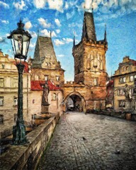 Fototapeta na wymiar Digital painting modern artistic artwork, Prague Czechia, drawing in oil European famous old street view, beautiful old vintage houses, design print for canvas or paper poster, touristic production
