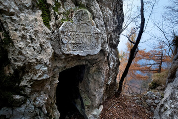 Bas-relief at the "Captain Tron observatory": Italian post of the Great War. Bocchetta Campiglia, Pasubio, Posina, Vicenza province, Veneto, Italy, Europe.
