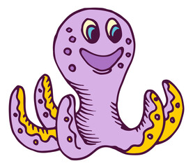 Cute purple octopus. Funny smiling animal toy