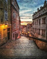 Digital painting modern artistic artwork, Prague Czechia, drawing in oil European famous old street view, beautiful old vintage houses, design print for canvas or paper poster, touristic production