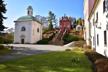 Ostrov castle park, Virgin Mary of Einsiedeln's chapel and Chapel of St. Florian - obrazy, fototapety, plakaty