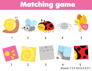 Matching game. Match pattern and funny insects educational children activity for elementary age - 495913715