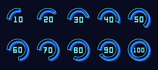 Hi tech vector circle percentage from ten to hundred. From 10 to 100 percent in circle icon set, infographic progress modern design elements