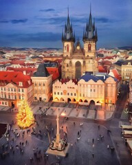 Fototapeta premium Digital painting modern artistic artwork, Prague Czechia, drawing in oil European famous old street view, beautiful old vintage houses, design print for canvas or paper poster, touristic production