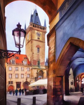 Digital painting modern artistic artwork, Prague Czechia, drawing in oil European famous old street view, beautiful old vintage houses, design print for canvas or paper poster, touristic production