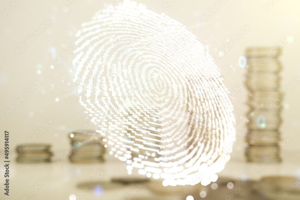 Aufkleber multi exposure of virtual graphic fingerprint sketch on coins background, fingerprint scan data conc
