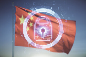 Double exposure of virtual creative lock hologram with chip on flag of China and sunset sky background. Information security concept