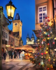 Naklejka premium Digital painting modern artistic artwork, Prague Czechia, drawing in oil European famous old street view, beautiful old vintage houses, design print for canvas or paper poster, touristic production