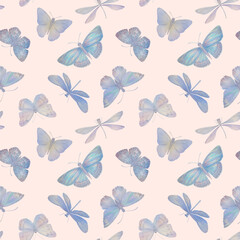Digitally processed seamless botanical pattern. Raster texture of animalistic design. Delicate watercolor butterflies collected in a seamless pattern for design.