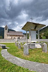 The church of San Vigilio in Pinzolo with the Macabre Dance fresco by the painter Simone II Baschenis. Rendena Valley, Trento province, Trentino Alto-Adige, Italy, Europe.