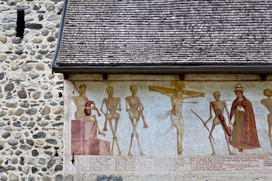 The church of San Vigilio in Pinzolo with the Macabre Dance fresco by the painter Simone II Baschenis. Rendena Valley, Trento province, Trentino Alto-Adige, Italy, Europe.
