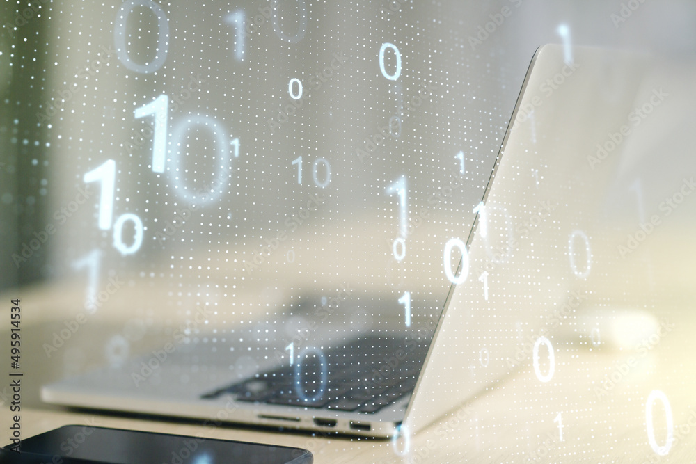 Poster creative abstract binary code sketch on modern laptop background, hacking and matrix concept. multie