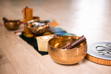 Singing bowls and other meditation items. High quality photo