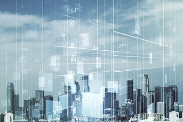 Double exposure of abstract virtual statistics data hologram on Los Angeles city skyscrapers background, statistics and analytics concept