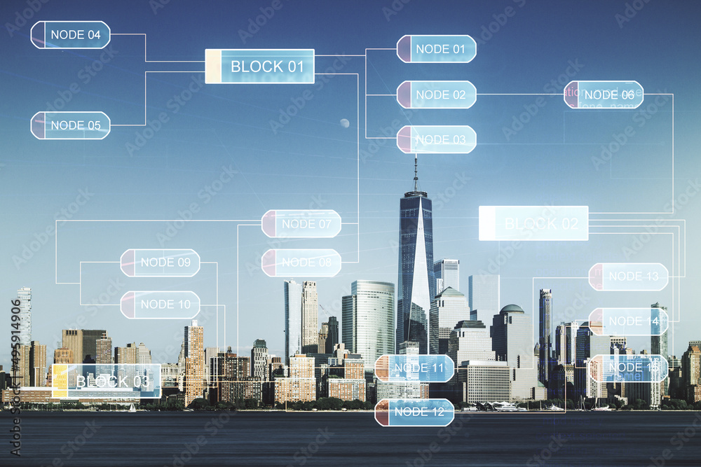 Poster multi exposure of abstract graphic coding sketch on manhattan cityscape background, big data and net